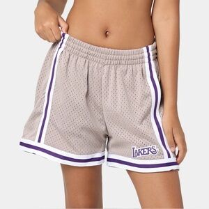 Mitchell and Ness-Lakers Beige and Purple Basketball Shorts